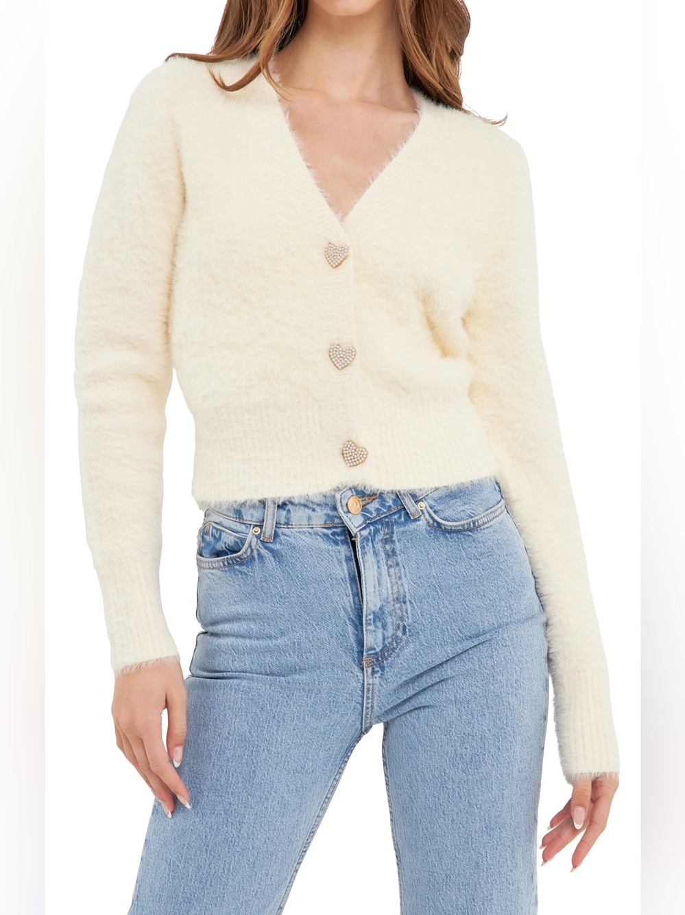 NWT English Factory Cream Fuzzy V-Neck Cardigan with Heart Buttons